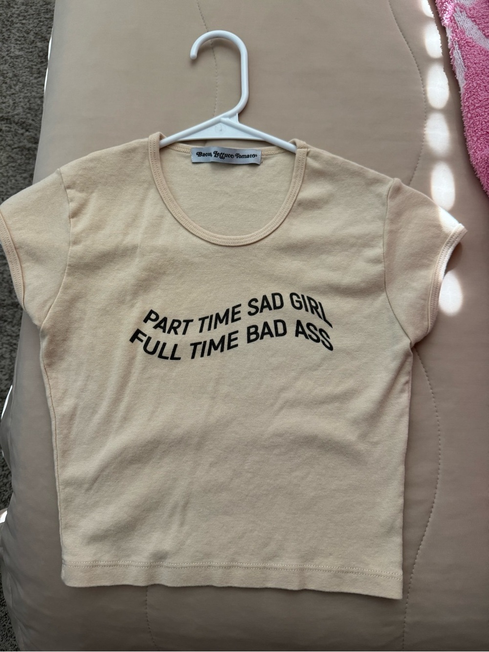Beige Graphic Crop Tee - 'Part Time Sad Girl'